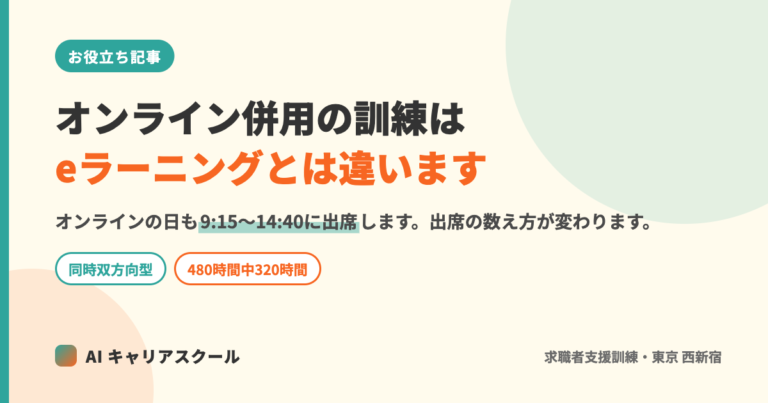 記事のアイキャッチ。「オンライン併用の訓練はeラーニングとは違います」「オンラインの日も9:15〜14:40に出席します。出席の数え方が変わります」という文字と、同時双方向型・480時間中320時間 の2つの札が入った図