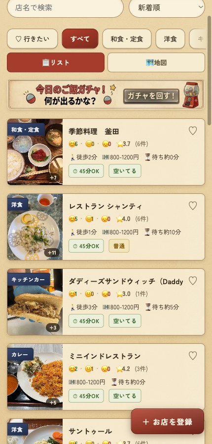 AICSごはん部のお店一覧。各店に評価の件数と「45分OK」のバッジが並んでいる